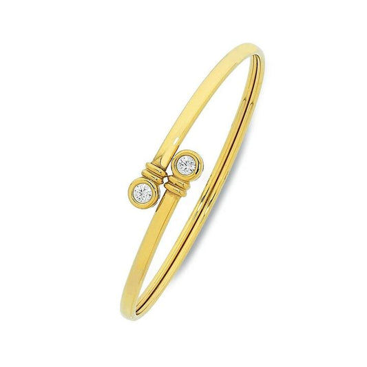Image of Jewelry. Productname: 9kt Yellow Gold Silver Infused Bangle with Bezel Set Cubic Zirconia Ends in Gold colour by brand - Bevilles