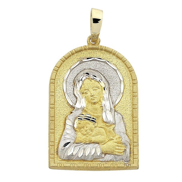 Image of Charms. Product name - Arched Madonna Pendant in 9kt Yellow and White Gold in colour by brand - Bevilles