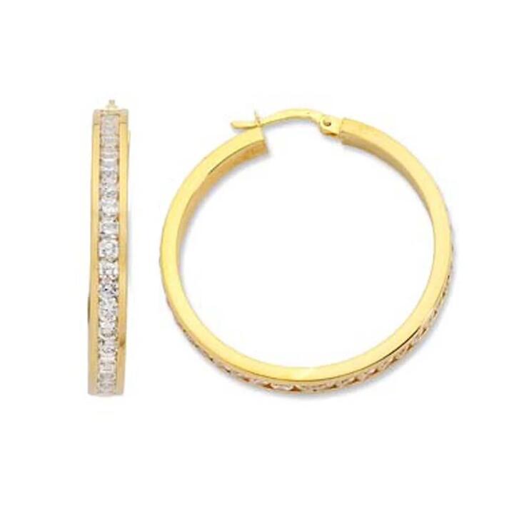 Image of Earrings. Product name - 9kt Yellow Gold Bonded Cubic Zirconia 35mm Hoop Earrings in colour by brand - Bevilles