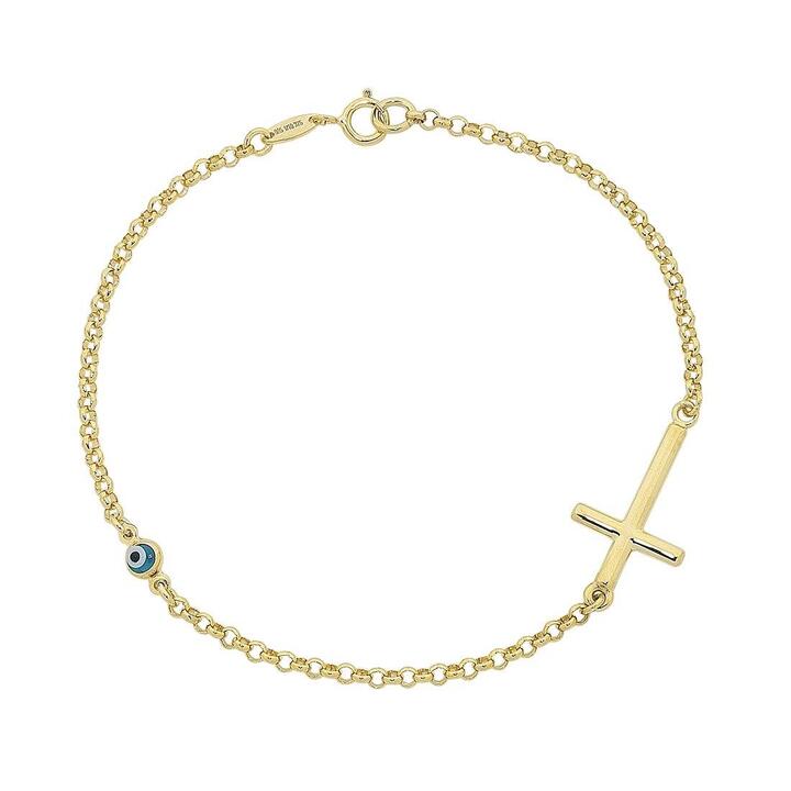 Image of Bracelets. Product name - 19cm Enamel Evil Eye and Cross Cable Bracelet in 9kt Yellow Bonded Gold in colour by brand - Bevilles