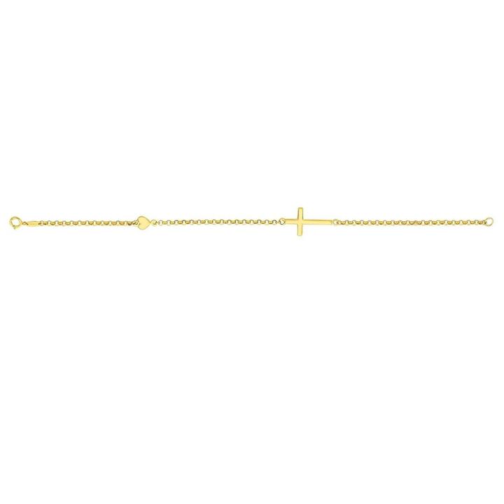 Image of Bracelets. Product name - 9kt Yellow Gold Bonded Belcher Cross And Heart Charm Bracelet 19cm in colour by brand - Bevilles