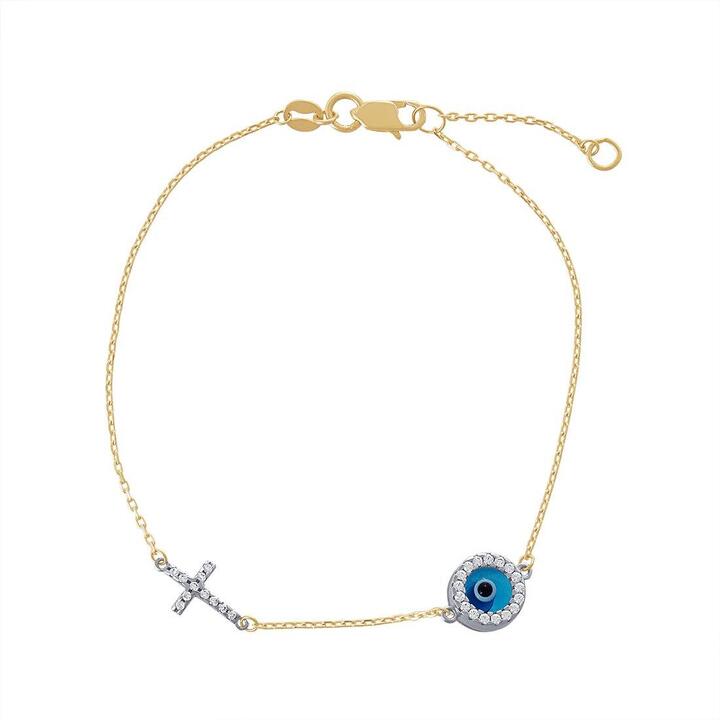 Image of Bracelets. Product name - 19cm Cubic Zirconia Evil Eye and Cross Cable Bracelet in 9kt Yellow Gold in colour by brand - Bevilles