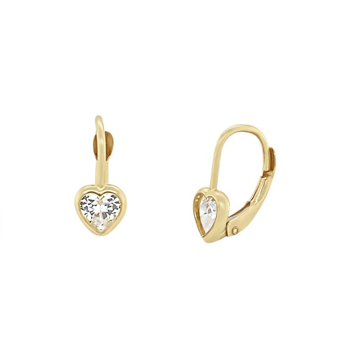 Image of Earrings. Product name - Cubic Zirconia Heart Hoop Earrings in 9kt Yellow Gold in colour by brand - Bevilles