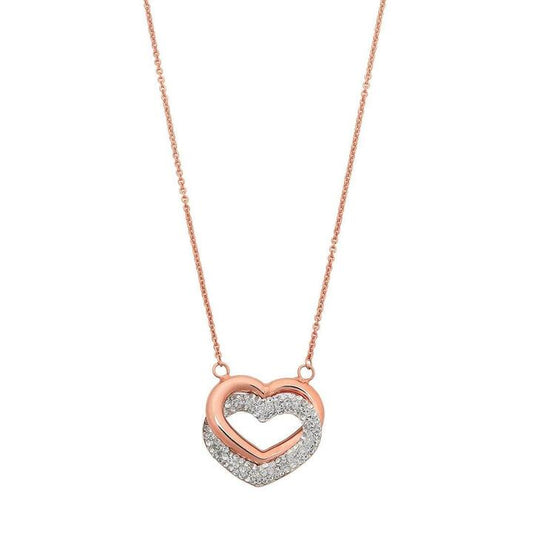 Image of Necklaces. Productname: 9kt Rose Gold Silver Infused Twin Hearts Necklace with Crystals 45cm in Gold colour by brand - Bevilles