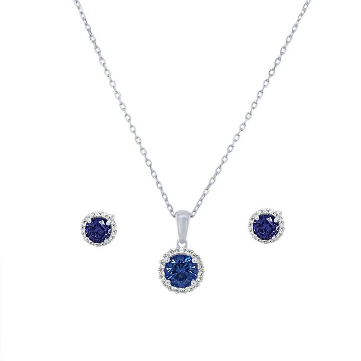 Image of Earrings. Productname: Blue Cubic Zirconia Halo Necklace & Earrings Jewellery Set in Silver colour by brand - Bevilles