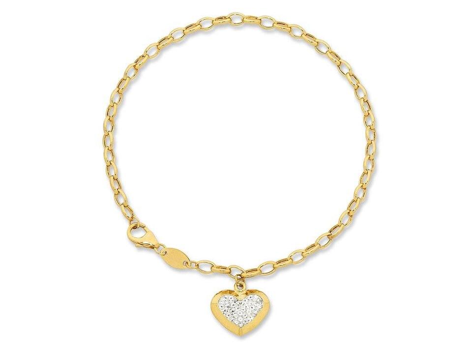 Image of Bracelets. Product name - 19cm Crystal Heart Charm Bracelet in 9kt Yellow Bonded Gold in colour by brand - Bevilles