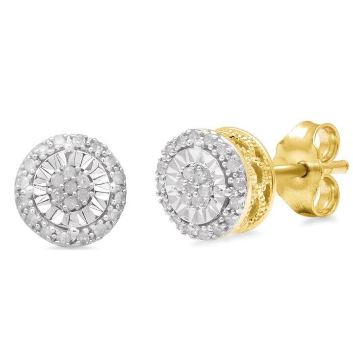 Image of Earrings. Product name - Miracle Round Halo Stud Earrings with 0.10tw of Diamonds in 9kt Yellow Gold in colour by brand - Bevilles
