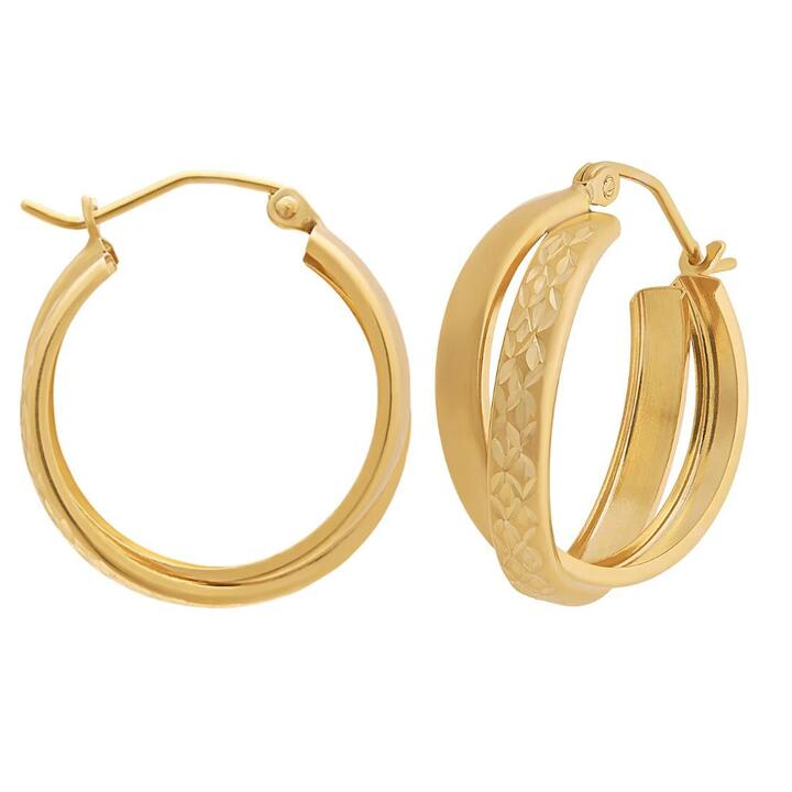 Image of Earrings. Productname: 9kt Yellow Gold Silver Infused Double Hoop Earrings 3mm x 21mm in Gold colour by brand - Bevilles