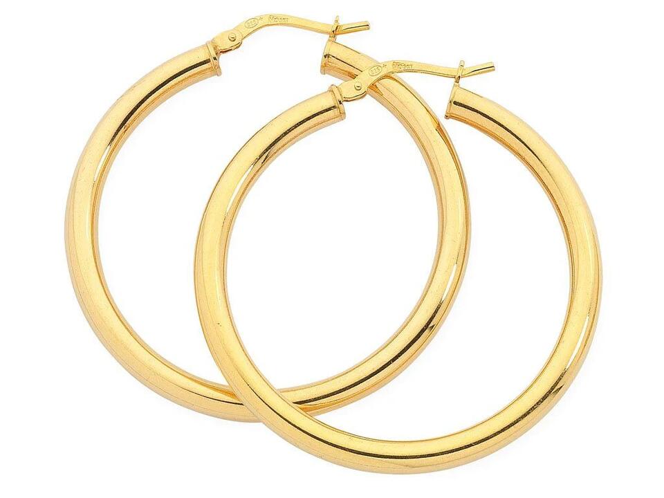 Image of Earrings. Product name - 30mm Hoop Earrings in 9kt Yellow Bonded Gold in colour by brand - Bevilles