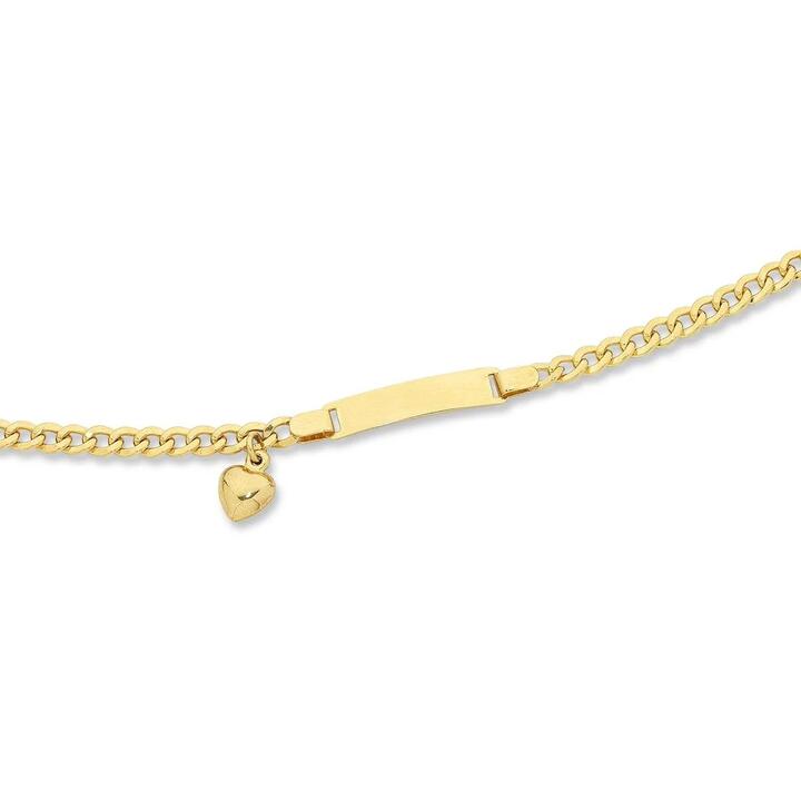 Image of Bracelets. Productname: 9kt Yellow Gold Silver Infused ID Bracelet with Heart Charm in Gold colour by brand - Bevilles