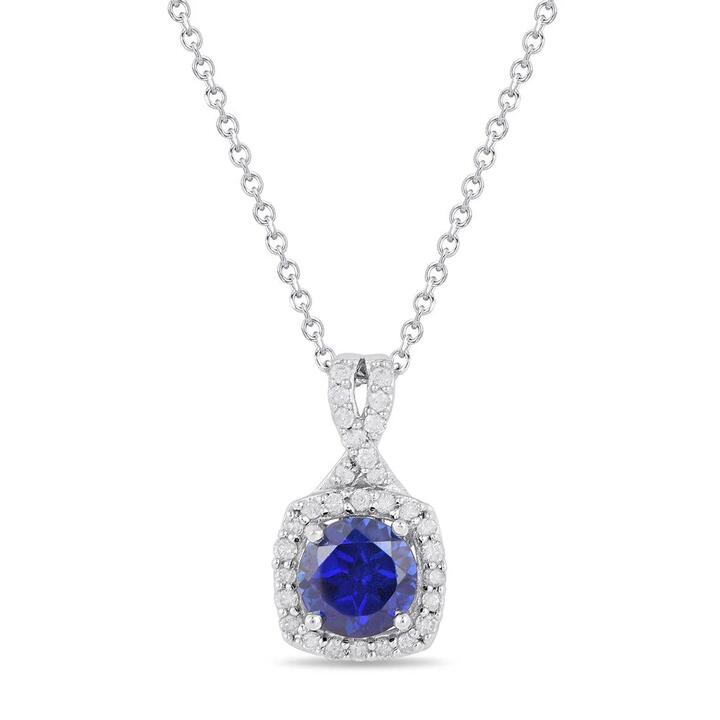 Image of Necklaces. Productname: 45cm Created Sapphire Halo Necklace with 0.20tw of Diamonds in Sterling Silver in Diamond colour by brand - Bevilles