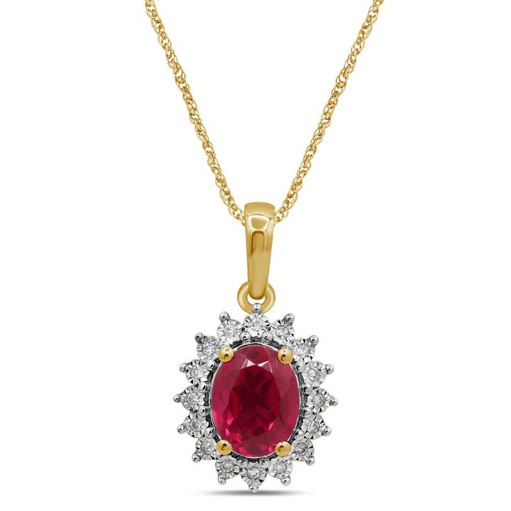 Image of Charms. Product name - 45cm Created Ruby and Diamond Halo Flower Necklace in 9kt Yellow Gold in colour by brand - Bevilles