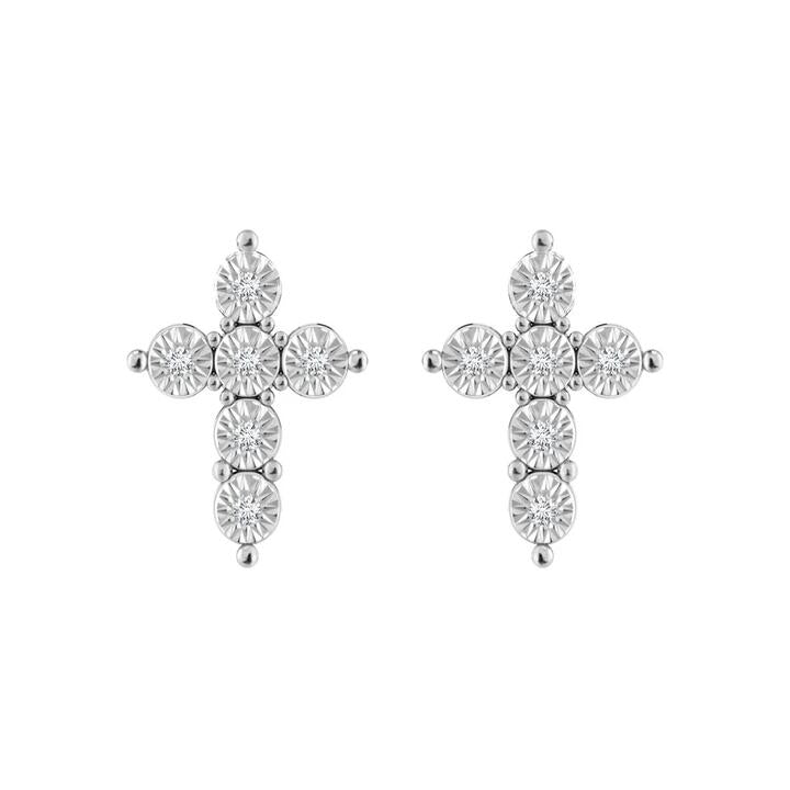 Image of Earrings. Productname: Diamond Cross Stud Earrings in Sterling Silver in Diamond colour by brand - Bevilles