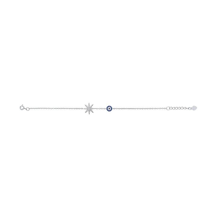 Image of Bracelets. Product name - 19cm Cubic Zirconia Evil Eye and Eight Point Star Bracelet in Sterling Silver in colour by brand - Bevilles