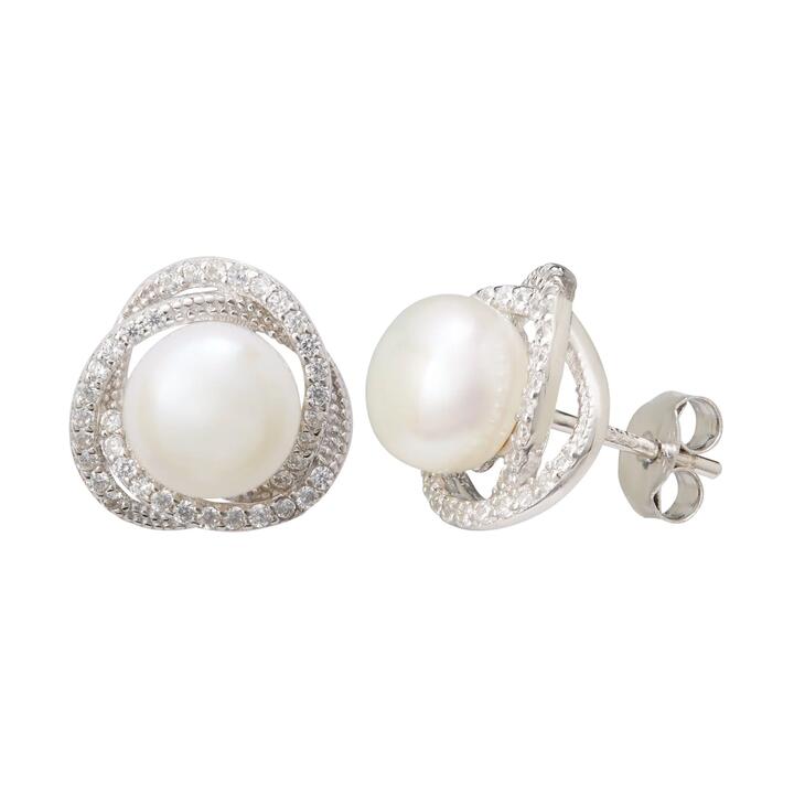 Image of Earrings. Productname: Freshwater Pearl & Cubic Zirconia Halo Swirl Earrings in Sterling Silver in Silver colour by brand - Bevilles