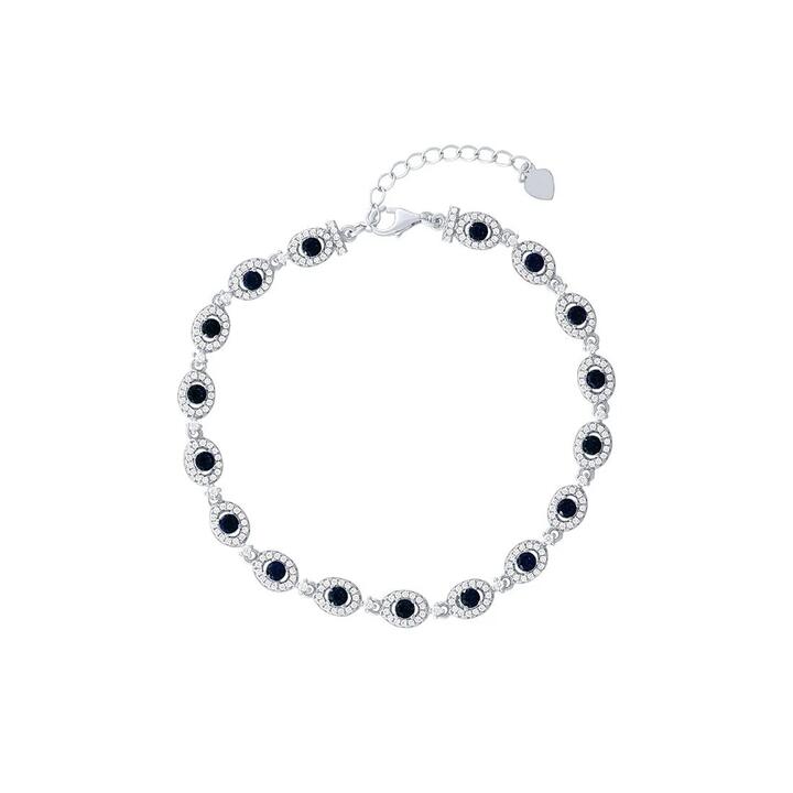 Image of Bracelets. Product name - 21.5cm 3mm Width Halo Bracelet with Blue Cubic Zirconias in Sterling Silver in colour by brand - Bevilles