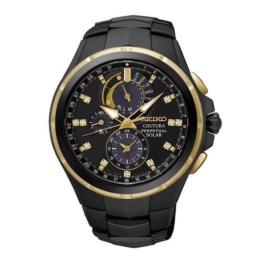 Image of Watches. Productname: Seiko Men's Coutura Black and Gold Watch SSC573P in Watch colour by brand - Seiko