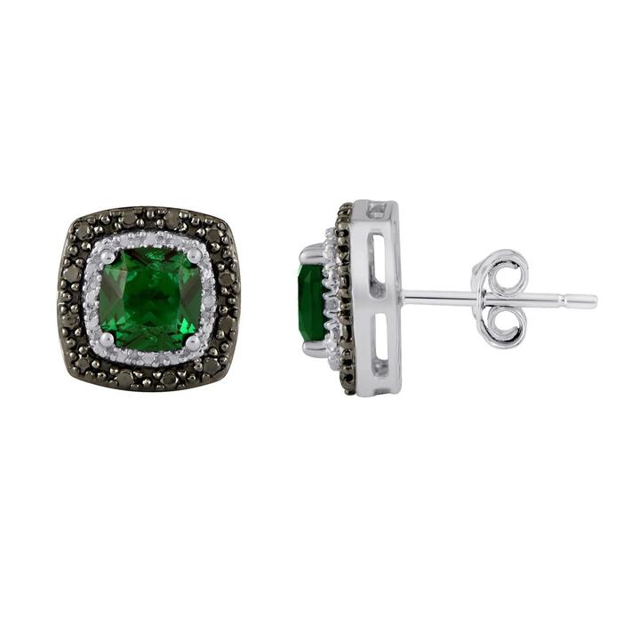 Image of Earrings. Productname: Mirage Created Emerald and Black Diamond Set Stud Earrings in Sterling Silver in Diamond colour by brand - Bevilles