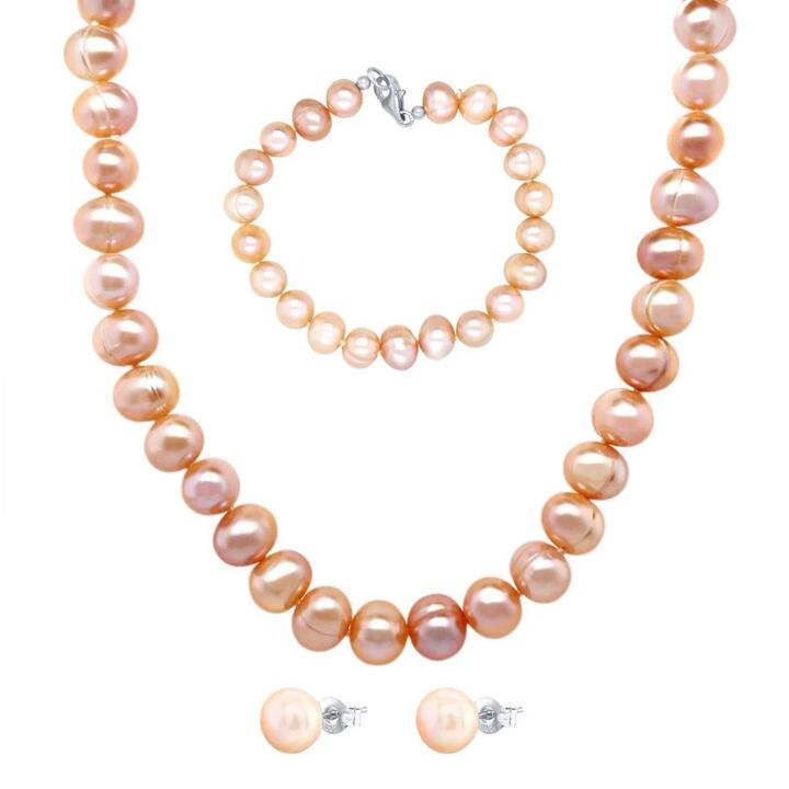 Image of Bracelets. Productname: Pink Pearl Necklace Bracelet and Earring Set in Silver colour by brand - Bevilles