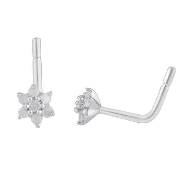 Image of Rings. Productname: Diamond Set Flower Nose Ring Pin in Sterling Silver in Diamond colour by brand - Bevilles