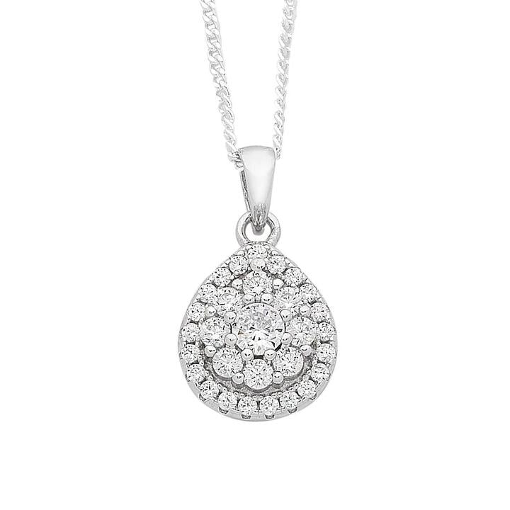 Image of Charms. Product name - 45cm Cubic Zirconia Pear Halo Necklace in Sterling Silver in colour by brand - Bevilles
