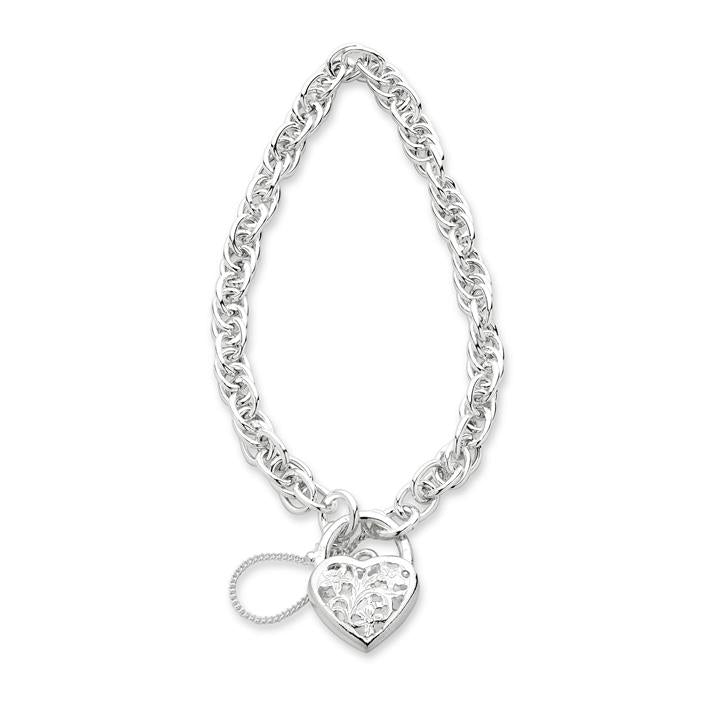 Image of Bracelets. Product name - 19cm Triple Oval Belcher with Heart Padlock Bracelet in Sterling Silver in colour by brand - Bevilles