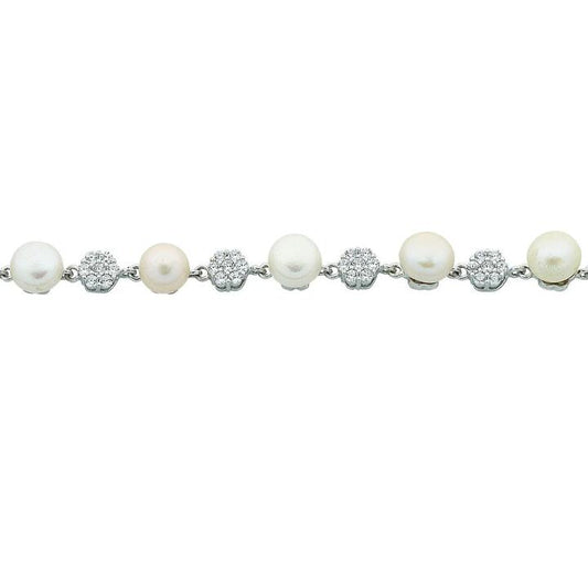 Image of Bracelets. Productname: 20cm Freshwater Pearl and Flower Cubic Zirconia Bracelet in Sterling Silver in Silver colour by brand - Bevilles