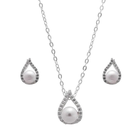 Image of Earrings. Productname: Synthetic White Pearl Necklace and Earrings Set in Sterling Silver in Silver colour by brand - Bevilles