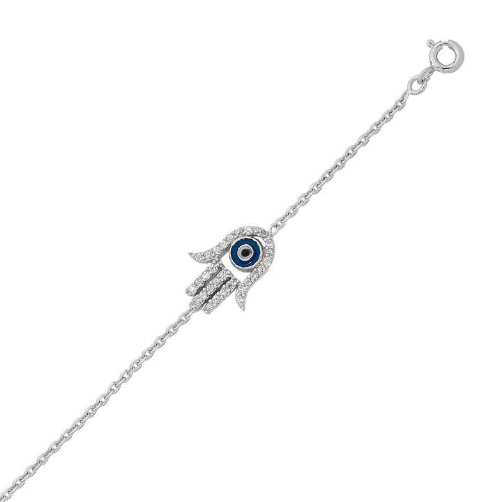 Image of Bracelets. Product name - 18cm Evil Eye Cubic Zirconia Hamsa Charm Bracelet in Sterling Silver in colour by brand - Bevilles