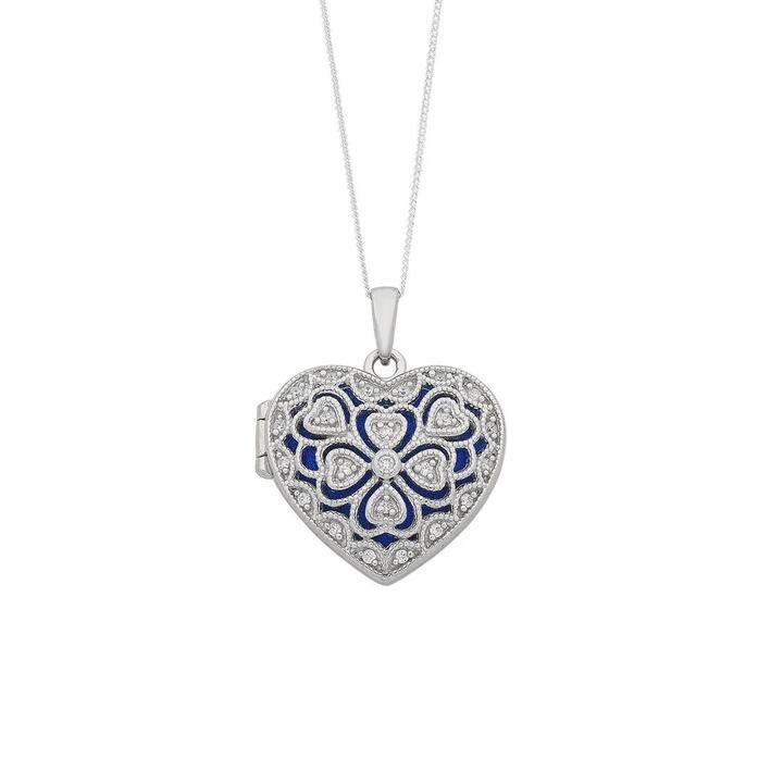 Image of Charms. Product name - 45cm Blue Filigree Cubic Zirconia Heart Locket Necklace in Sterling Silver in colour by brand - Bevilles
