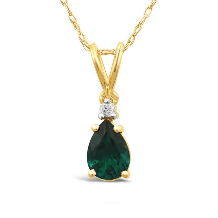 Image of Necklaces. Productname: Diamond Set Pear Created Emerald Necklace in 9kt Yellow Gold in Diamond colour by brand - Bevilles
