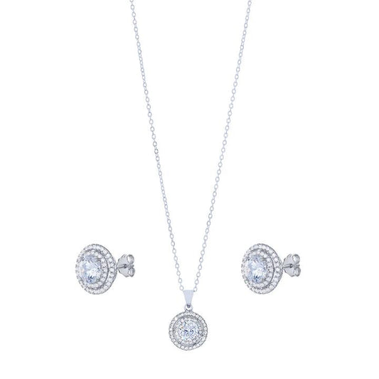 Image of Earrings. Productname: Sterling Silver Cubic Zirconia Double Halo Stud Earring and Necklace Set in Silver colour by brand - Bevilles