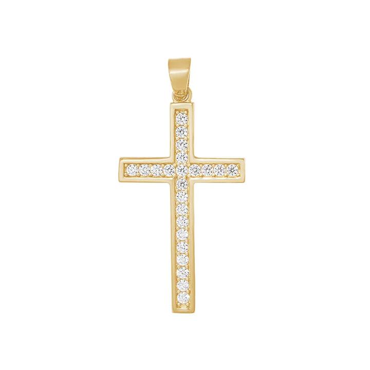 Image of Charms. Product name - Channel Set Cubic Zirconia Cross Pendant in 9kt Yellow Gold in colour by brand - Bevilles