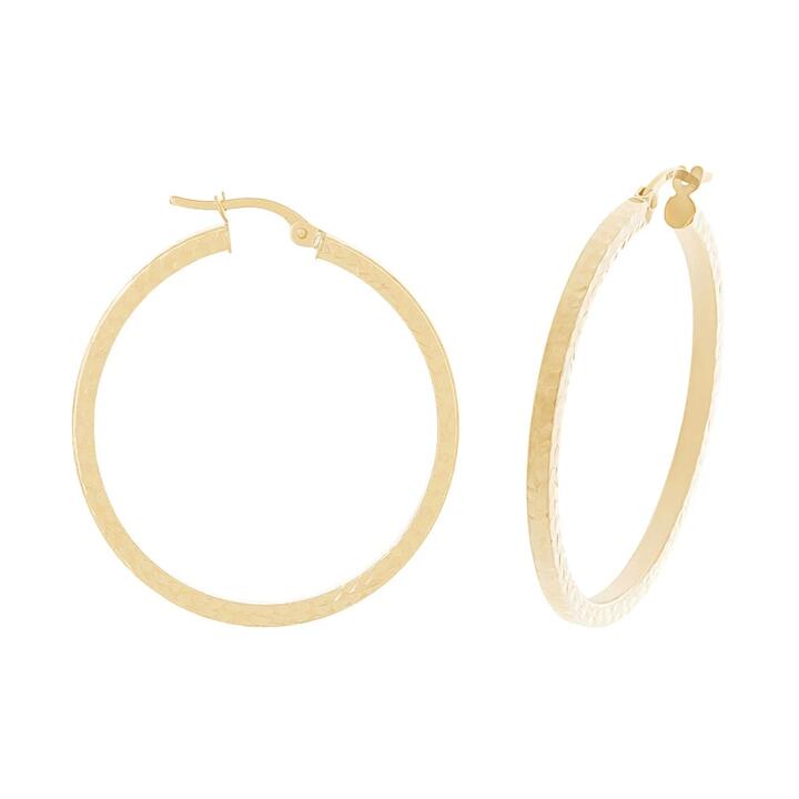 Image of Earrings. Productname: 9kt Yellow Gold 15mm Diamond Cut Hoop Earrings in Gold colour by brand - Bevilles