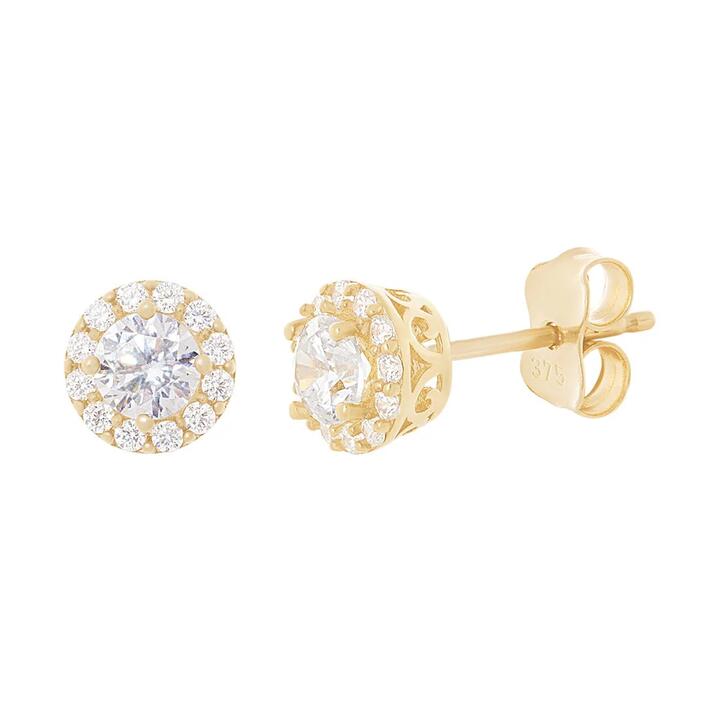 Image of Earrings. Productname: Cubic Zirconia Halo Stud Earrings in 9kt Yellow Gold in Gold colour by brand - Bevilles
