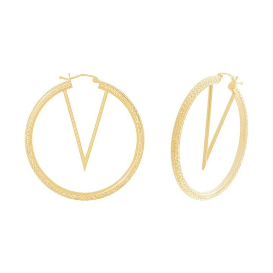 Image of Earrings. Productname: V Shape center 55mm Hoop Earrings in 9kt Yellow Gold Silver Infused in Gold colour by brand - Bevilles