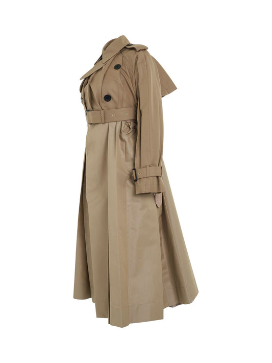 SACAI Cotton Gabardine Pleated Coat (Beige)