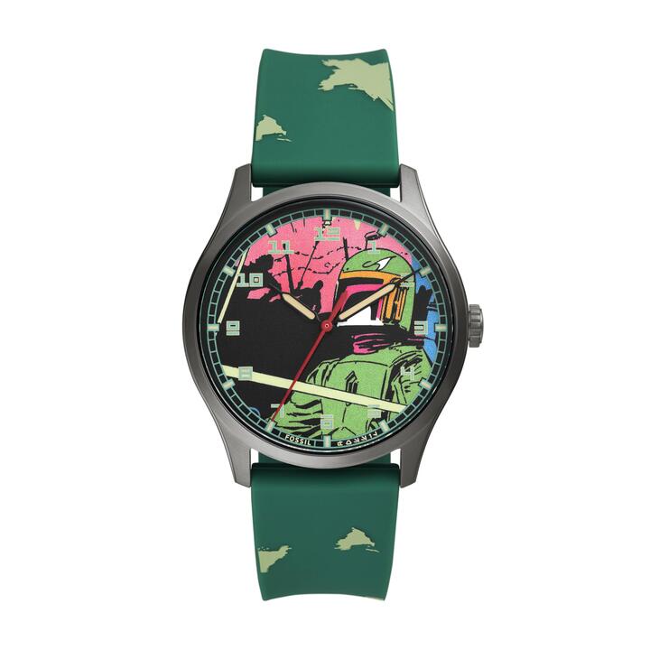 Image of Watches. Productname: Fossil Special Edition Star Wars Boba Fett Three-Hand Green Silicone Watch SE1106 in Watch colour by brand - Fossil