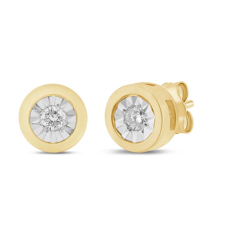 Image of Earrings. Product name - Bezel Solitaire Stud Earrings with 0.05tw of Diamonds in 9kt Yellow Gold in colour by brand - Bevilles