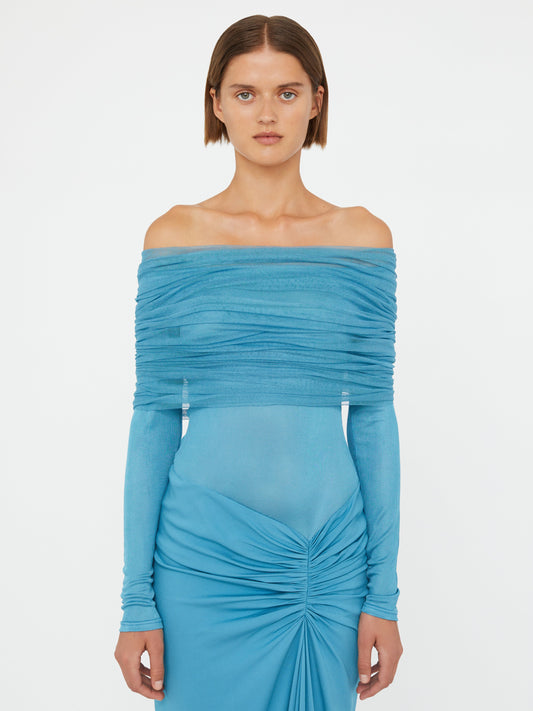 Christopher Esber Sonora Veiled Long Sleeve Ruched Dress (Lake)