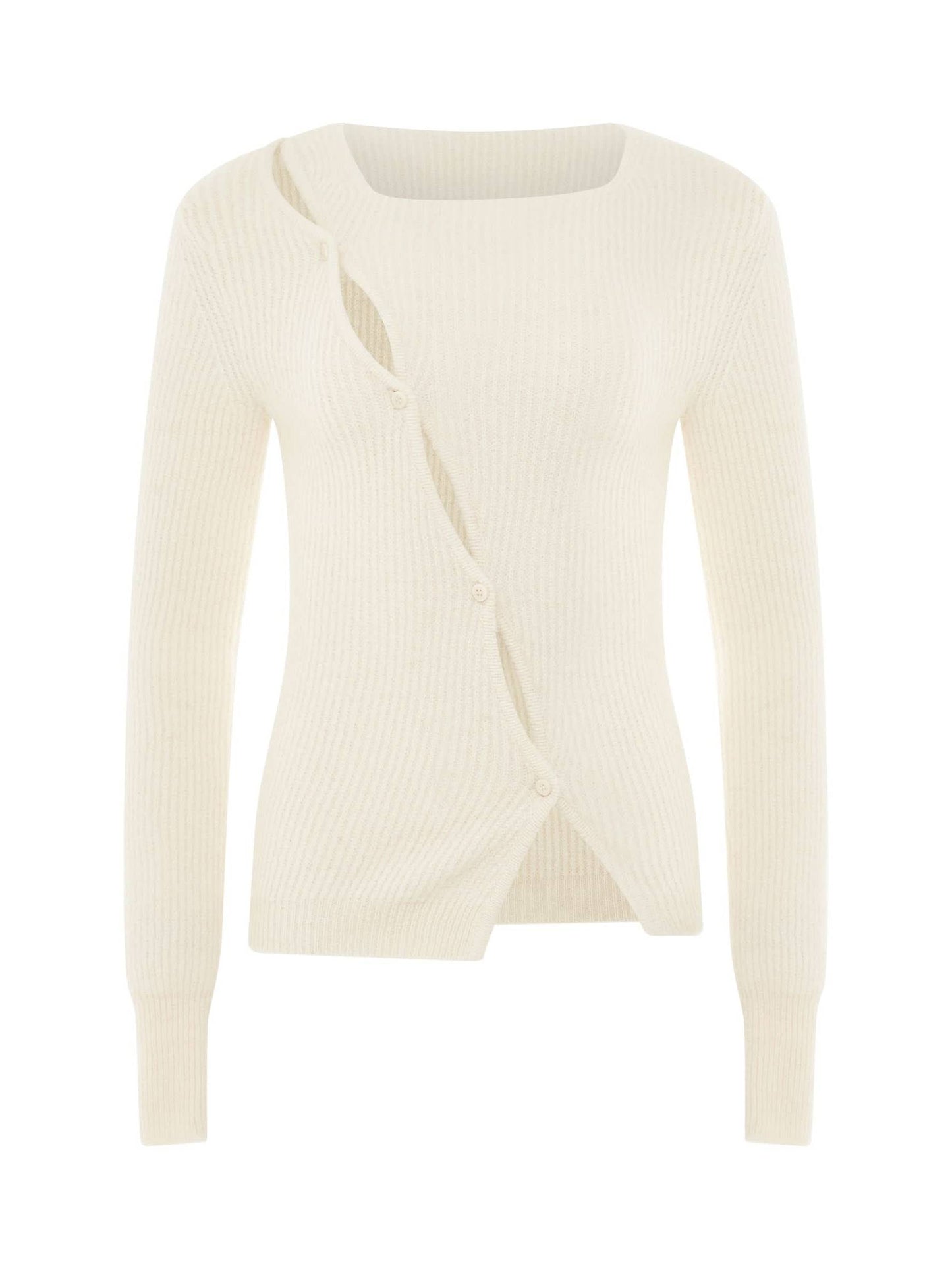 Image of a model wearing Outerwear. Productname: JACQUEMUS Pau Asymmetric Cardigan in Light Beige colour by brand - JACQUEMUS