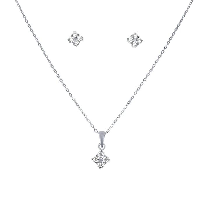 Image of Earrings. Productname: Diamond Shaped Cluster Stud Earrings and Necklace Set with Cubic Zirconia in Sterling Silver in Silver colour by brand - Bevilles