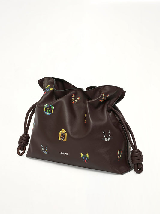 LOEWE Flamenco Clutch Allover Cats Medium Bag (Brown)