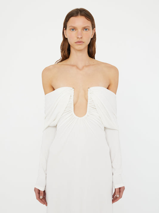 Christopher Esber Arced Palm Strapless Shawl Gown (White)