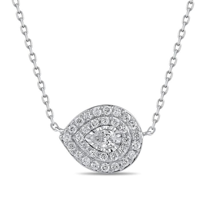 Image of Necklaces. Productname: Solitaire Double Halo Pear Shaped Slider Necklace with 0.35tw of Laboratory-Grown Diamonds in Sterling Silver and Platinum in Diamond colour by brand - Bevilles