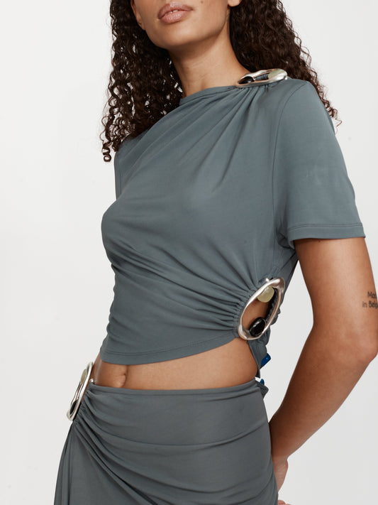 CHRISTOPHER ESBER Orica Crystal Ruched Jersey Tee (Granite)