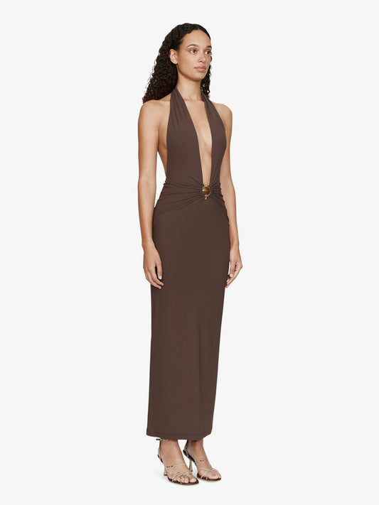 CHRISTOPHER ESBER Mineral Stone Ruched Halter Lycra Dress (Umber)