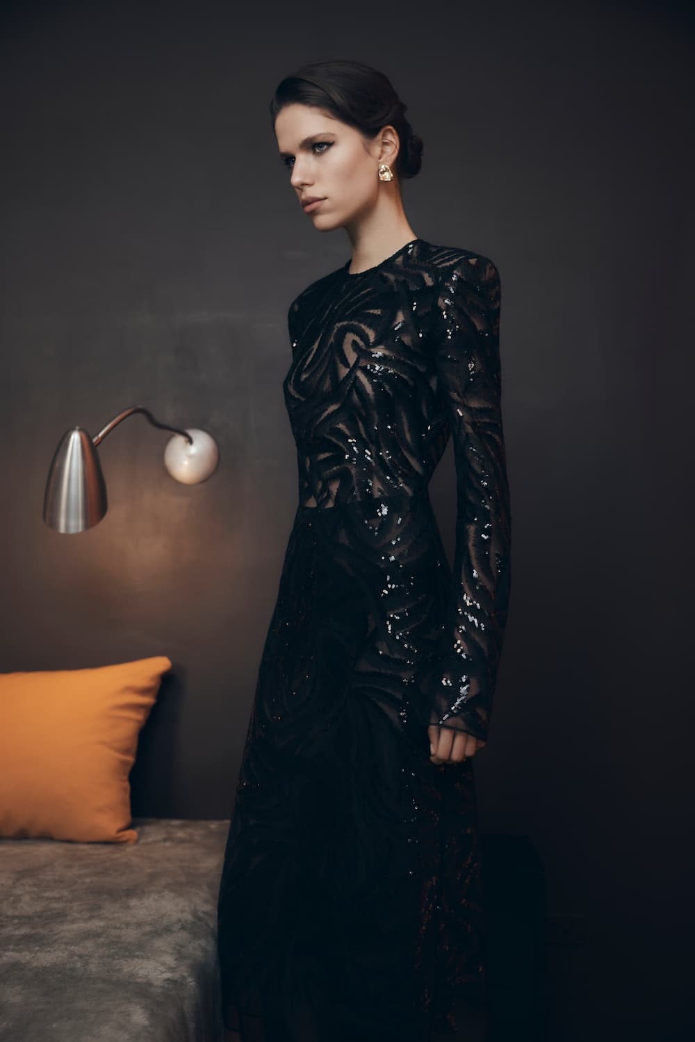 Carla Zampatti Swirl Sequin Long Sleeve Midi Dress (Black)