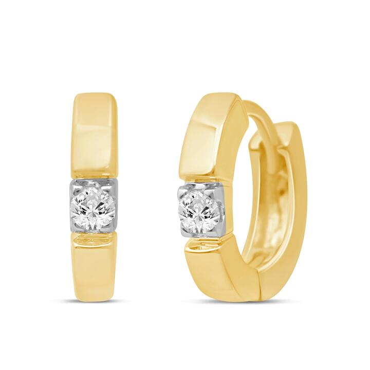 Image of Earrings. Product name - Station Solitaire Huggie Hoop Earrings with 0.10tw of Diamonds in 9kt Yellow Gold in colour by brand - Bevilles