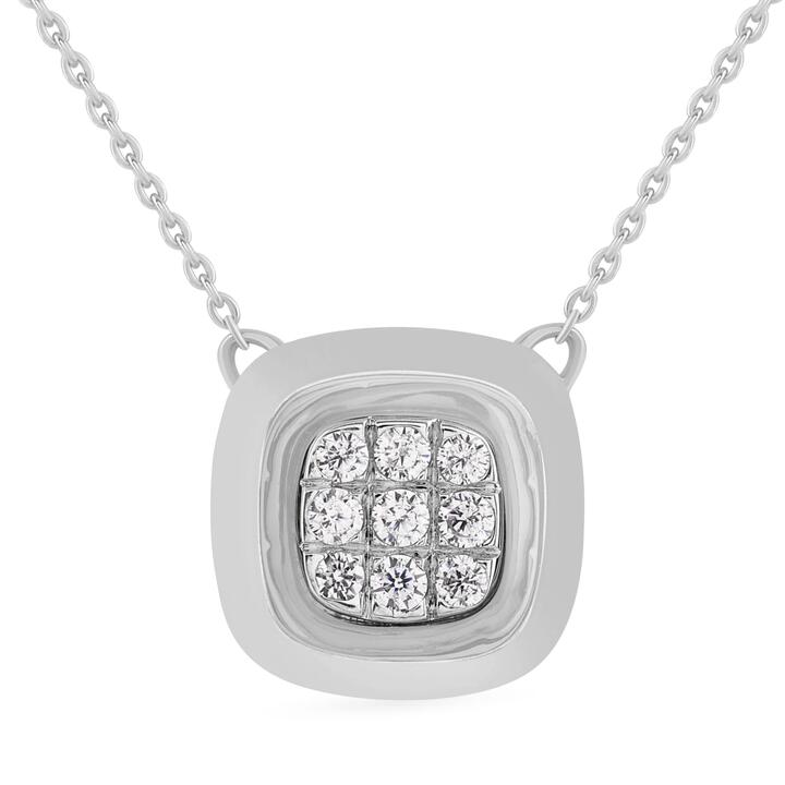 Image of Necklaces. Productname: Bezel Set Cushion Look Necklace with 0.10ct of Diamonds in Sterling Silver in Diamond colour by brand - Bevilles